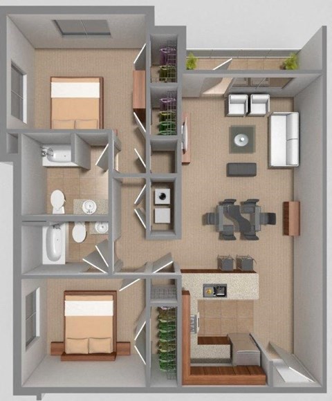 Floor plan for 2 beds, 2 baths, 1197 sqft